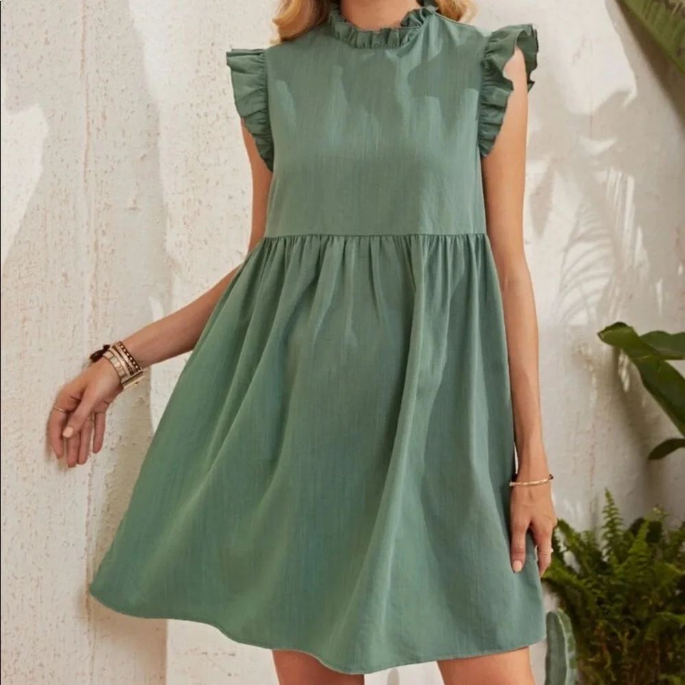 SHEIN Maternity Frill Mock Neck Ruffle Armhole Smock Dress SZ M - Picture 1 of 2